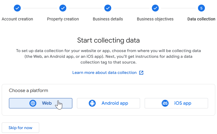 انتخاب پلتفرم برای دارایی گوگل آنالیتیکس.