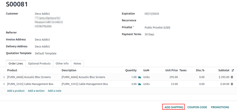 نمایش دکمه «افزودن ارسال» در پیش‌فاکتور.