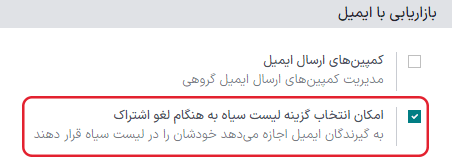 نمایی از ویژگی لیست سیاه در صفحه تنظیمات برنامه بازاریابی با ایمیل سازمان‌یار.