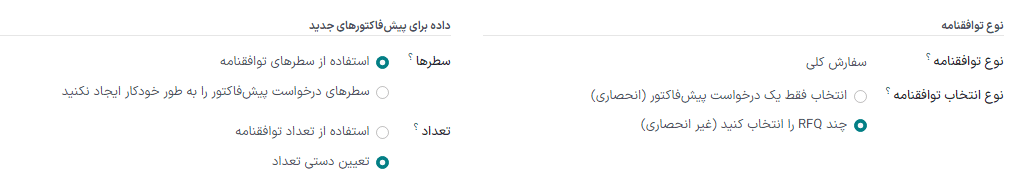 صفحه ویرایش نوع توافقنامه خرید برای سفارش‌های کلی.