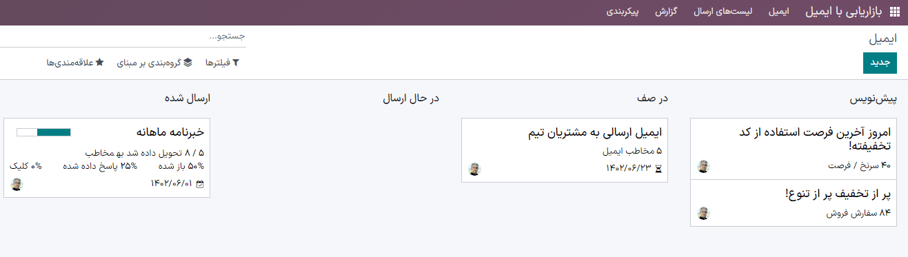 نمایی از داشبورد اصلی برنامه بازاریابی با ایمیل در سازمان‌یار.