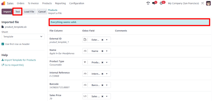 پیام همه چیز معتبر به نظر می‌رسد در صورتی که ستون‌های فایل به درستی وارد شده باشند.