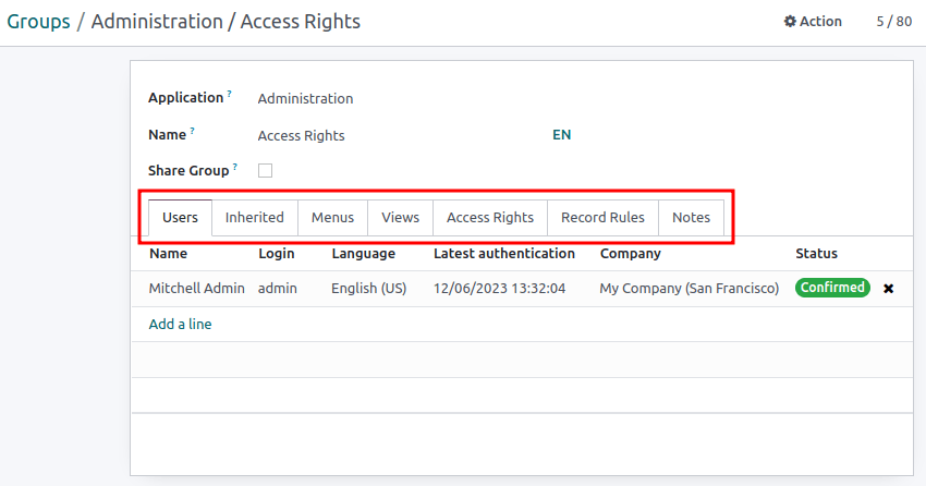 تب‌های فرم گروه برای تغییر تنظیمات گروه.