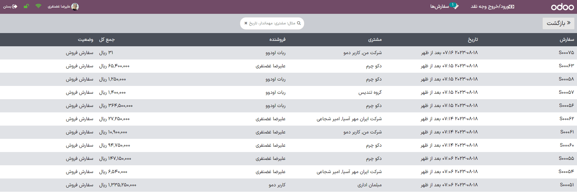 نمایی از لیست سفارش‌های فروش و پیش‌فاکتورها