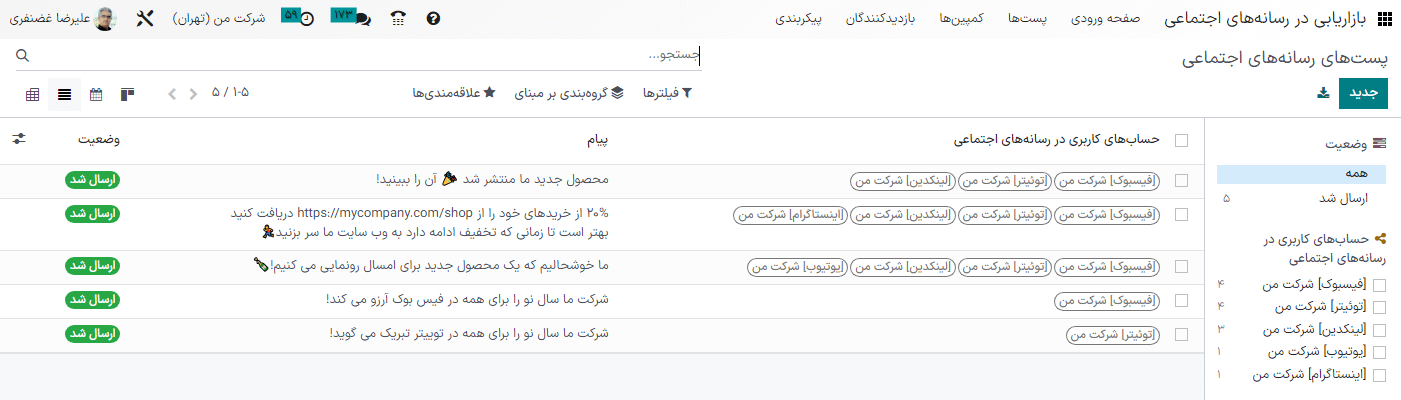 نمایی از گزینه لیست در صفحه پست‌های بازاریابی در رسانه‌های اجتماعی سازمان‌یار.