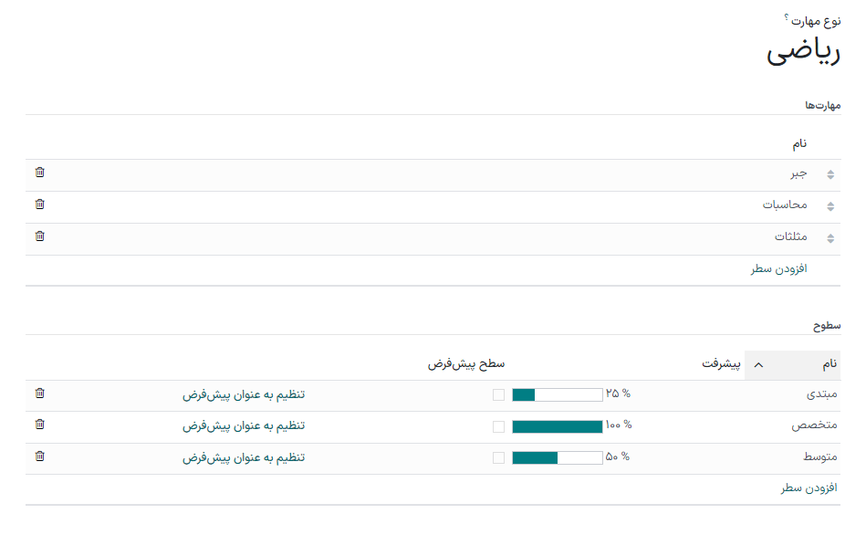 فرم مهارت برای مهارت ریاضی با تمام اطلاعات تکمیل شده.