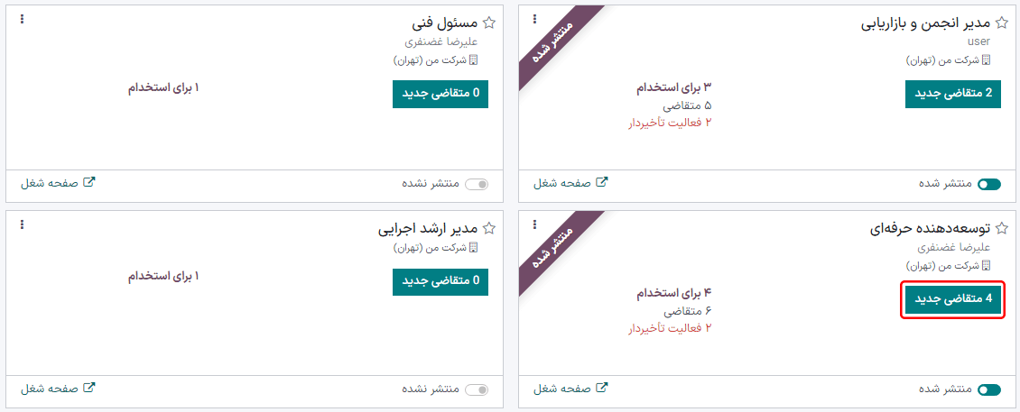 داشبورد اصلی کارت متقاضی، که دکمه متقاضیان جدید را نشان می‌دهد.