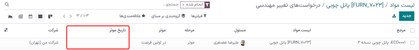 لیست تاریخ‌های مؤثر لیست مواد.