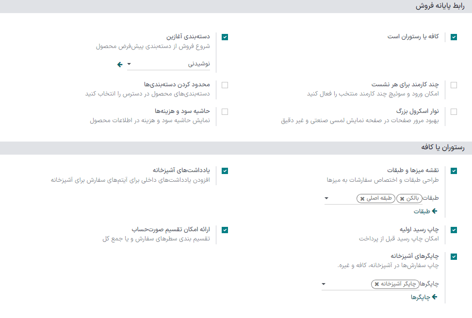 ویژگی‌های مربوط به رستوران و کافه