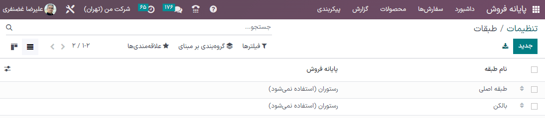 نمای بک‌اند طبقه رستوران. نام جدول و شماره صندلی‌ها به ازای هر میز نشان داده شده است