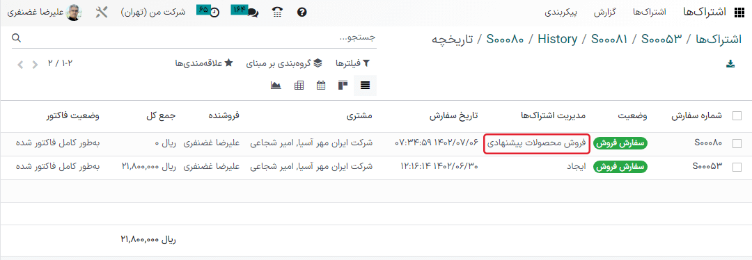 نمای لیستی تمام سفارش‌های فروش ایجاد شده برای اشتراک