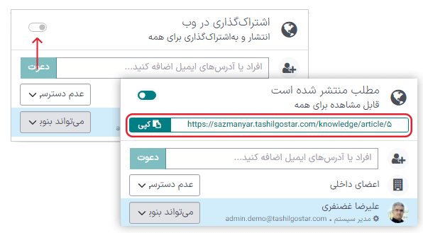 اشتراک‌گذاری منو با URL برای اشتراک‌گذاری آنلاین و لیست اعضاء.