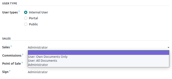 منوی کشویی برنامه‌های فروش برای تنظیم سطح مجوز کاربر.