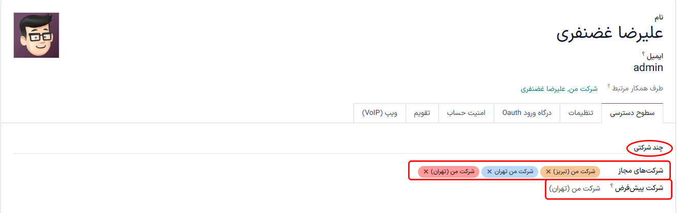 نمایی از فرم کاربر که بر روی فیلد چند شرکتی در تب‌های سطوح دسترسی اودوو تأکید دارد.