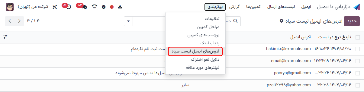 نمایی از آدرس‌های ایمیل وارد شده به لیست سیاه در بازاریابی با ایمیل سازمان‌یار.