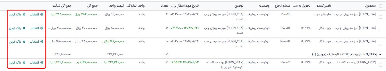 صفحه مقایسه سطرهای محصول برای درخواست‌های پیش‌فاکتور جایگزین.