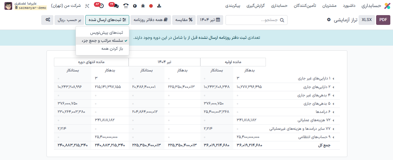 گروه‌های حساب در تراز آزمایشی برنامه حسابداری سازمان‌یار