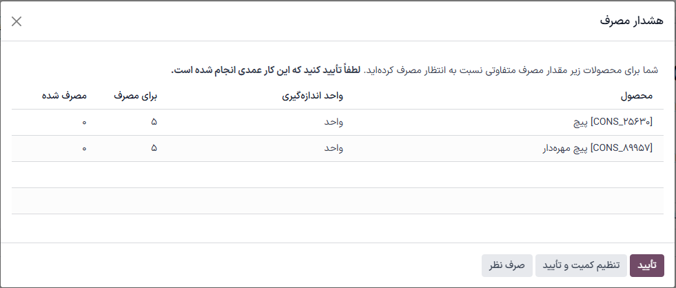 نمایش پیام خطای هشدار مصرف.