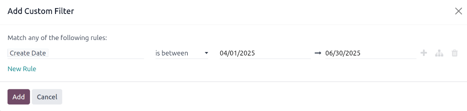 پاپ‌آپ فیلتر سفارشی با پارامترهای تنظیم شده.