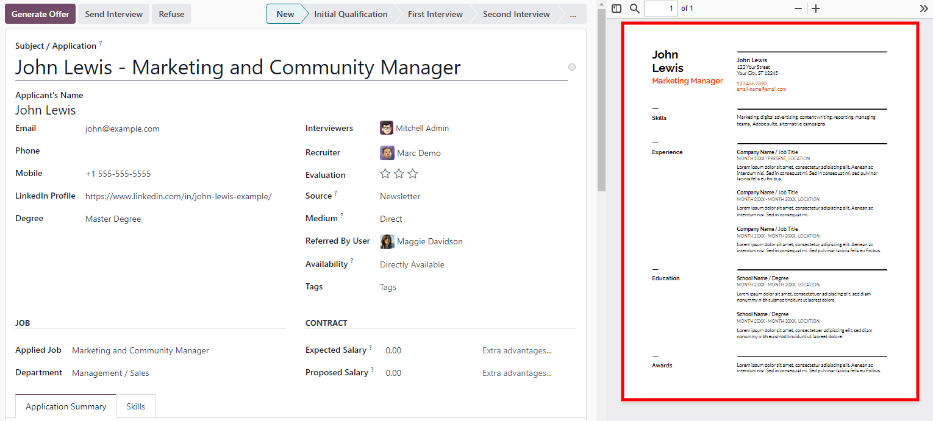 نمایش رزومه در سمت چپ کارت متقاضی.