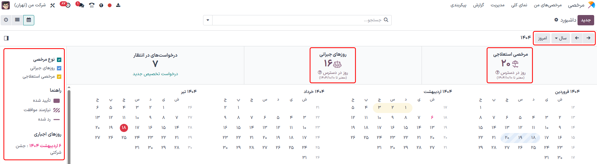 نمای داشبورد مرخصی با نشانگر، خلاصه‌های مرخصی و دکمه‌های نمای برجسته.