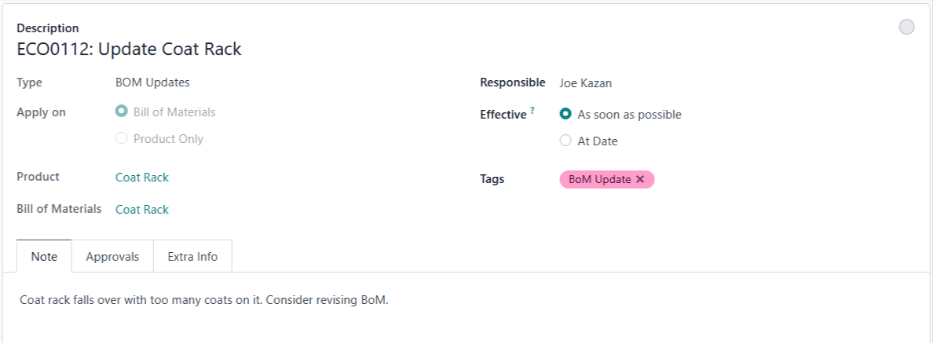 یک ECO ایجاد شده برای به‌روزرسانی BoM محصول جالباسی.