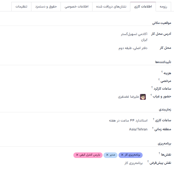 پروفایل کارمند و تب اطلاعات کاری.