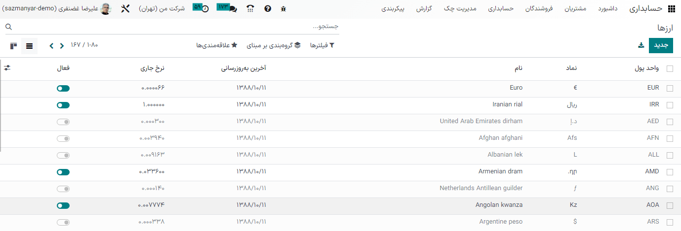 فعال‌سازی ارزهایی که می‌خواهید استفاده کنید.