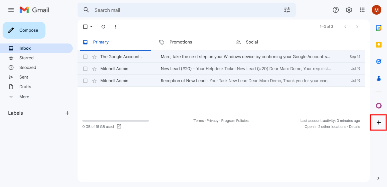 آیکون جمع در پنل کناری اینباکس جیمیل.