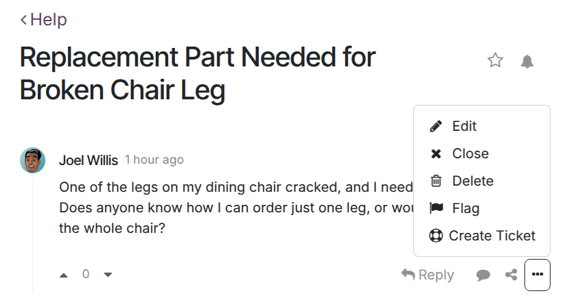 یک پست انجمن با گزینه ایجاد تیکت قابل مشاهده.