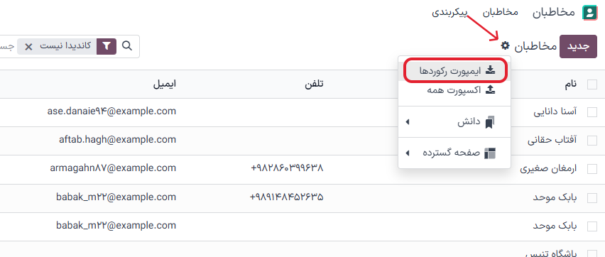منوی عملیات با گزینه ایمپورت رکوردها که برجسته شده است.