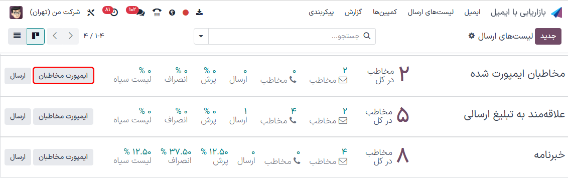 دکمه ایمپورت مخاطبان در سطر لیست ارسال در بازاریابی با ایمیل.