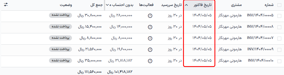 ستون تاریخ فاکتور در صفحه فاکتورهای اشتراک در برنامه اشتراک‌ها.