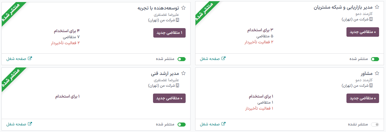 نمای داشبورد اصلی برنامه استخدام که تمام موقعیت‌های شغلی را نشان می‌دهد.