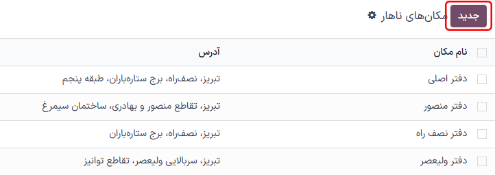نمای لیست مکان‌ها با دکمه جدید هایلایت شده.