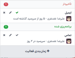 نمونه‌ای از اعلان فعالیت‌های معوق در کادر گفتگوی یک سرنخ.