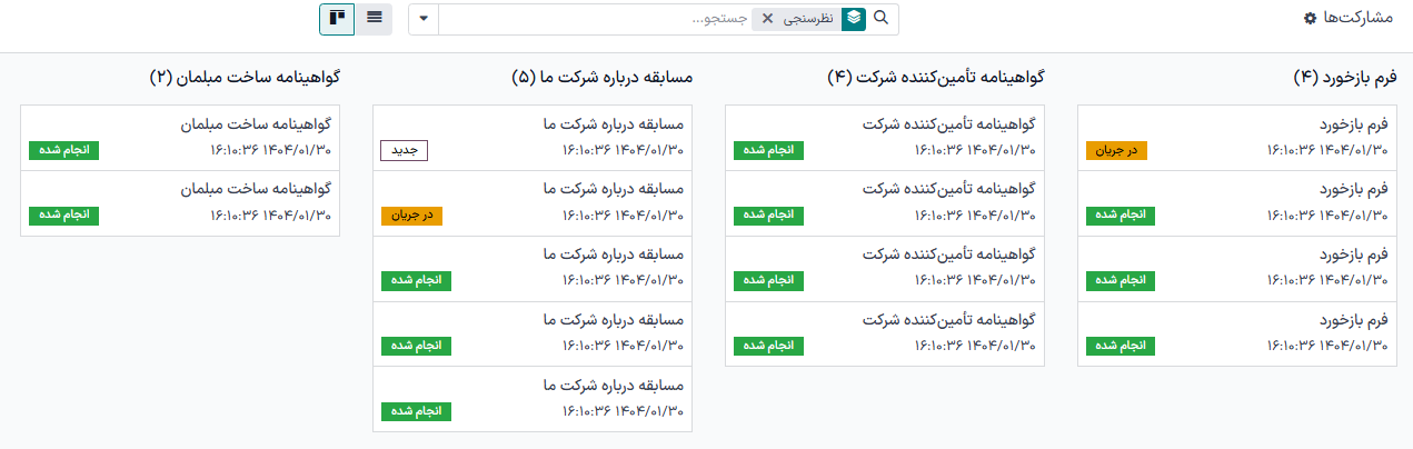 صفحه شرکت‌کنندگان در نمای کانبان در برنامه نظرسنجی‌ها.