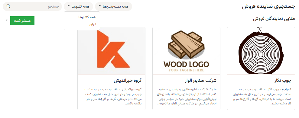 مثالی از صفحه وب نمایندگان، که نمایندگان موجود را بر اساس سطح و مکان نمایش می‌دهد.