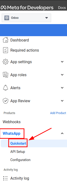 پیمایش به ویزارد شروع سریع واتس‌اپ در داشبورد متا برای توسعه‌دهندگان.