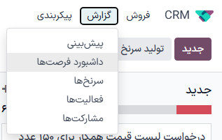 برنامه CRM را باز کنید و روی تب گزارش در بالای صفحه کلیک کنید، سپس روی داشبورد فرصت‌ها کلیک کنید.