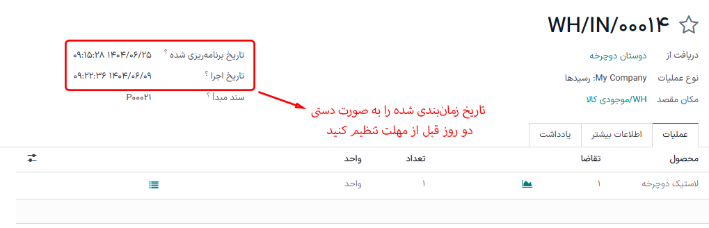 فیلدهای تاریخ برنامه‌ریزی شده و سررسید در سفارش پیمانکار فرعی تأمین مجدد.