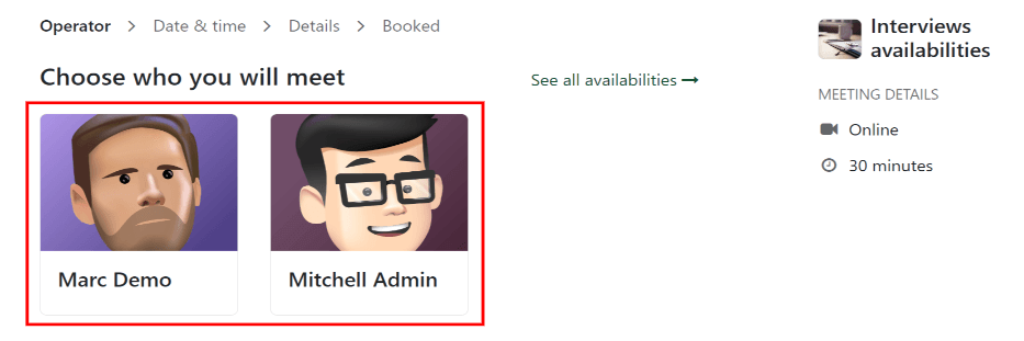 اولین صفحه‌ای که پس از کلیک روی «برنامه‌ریزی مصاحبه من» دیده می‌شود، جایی که متقاضی مصاحبه‌کننده خود را انتخاب می‌کند.