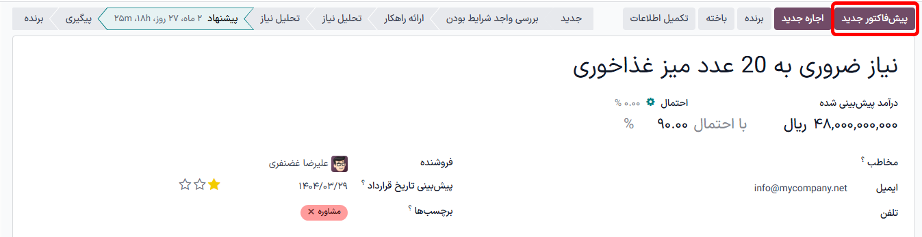 فرم سرنخ واجد شرایط با دکمه پیش‌فاکتور جدید برجسته شده.