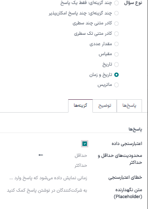 بخش پاسخ‌ها در تب گزینه‌ها هنگامی که نوع سؤال جعبه متن تک خطی انتخاب شده است.