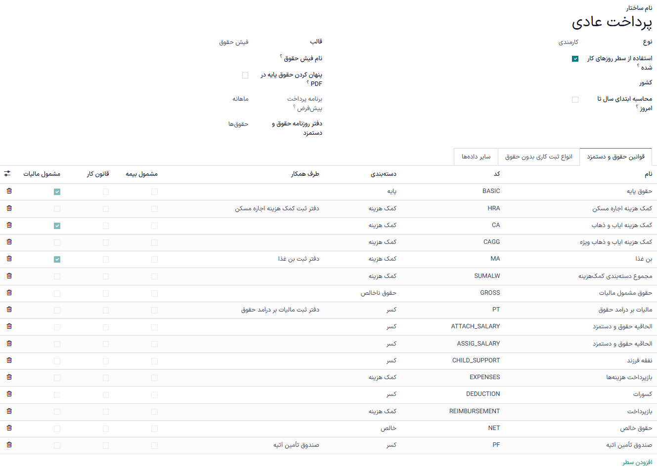 جزئیات ساختار حقوق و دستمزد برای پرداخت منظم، که تمام قوانین حقوق و دستمزد را لیست می‌کند.