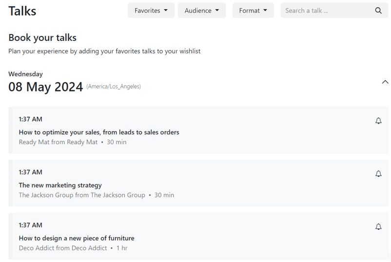صفحه سخنرانی‌ها در وب سایت رویداد ساخته شده از طریق برنامه رویدادها.